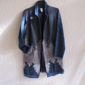 Long Denim Embordered Jacket Duster M Khaki White Stitching Lightweight Pockets
